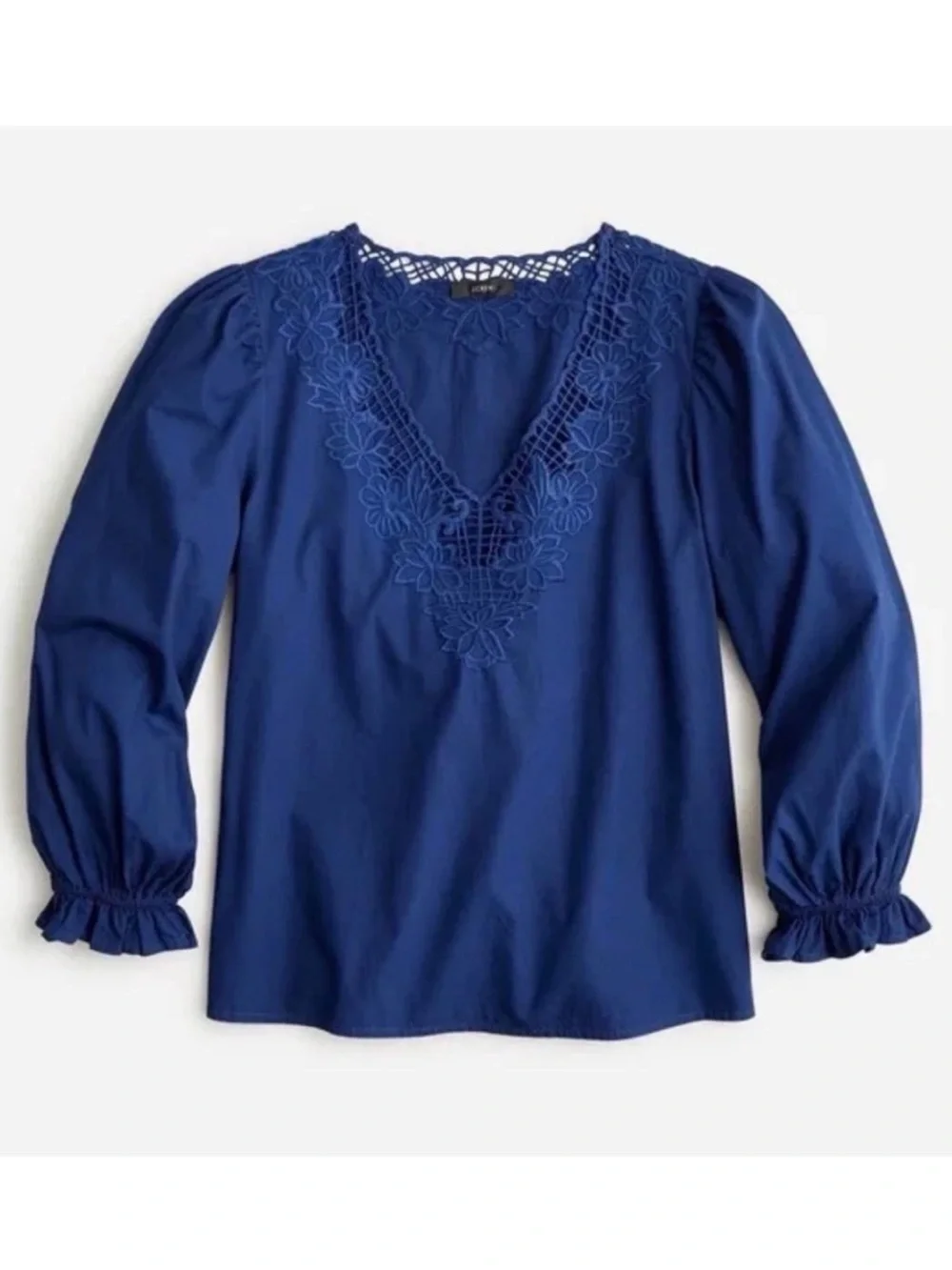 J Crew V-neck Top with Eyelet Trim in Dark Blue M Medium BL038 Lace Peasant Top